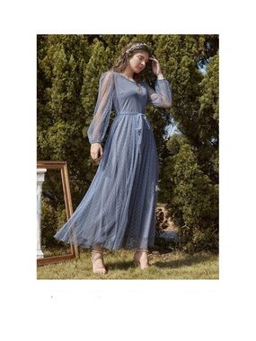 Shein Blue Dot-Print Maxi Dress with Sheer Sleeves and Tie Waist